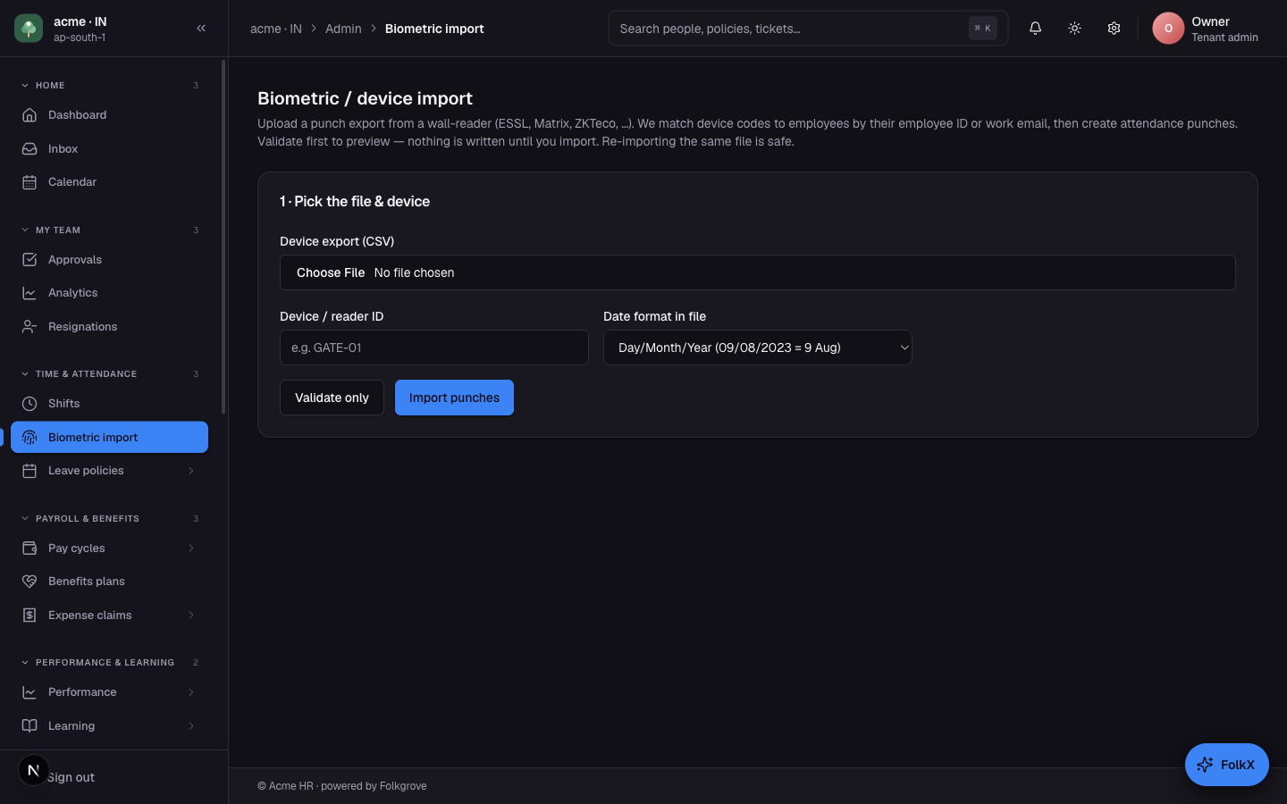 Biometric import — device punches flow in natively
