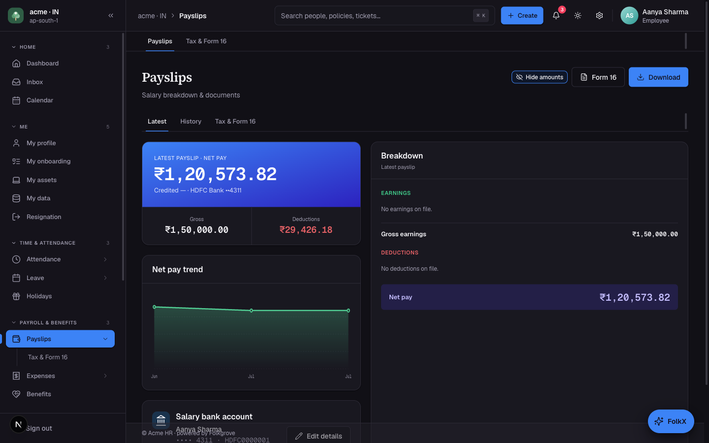 Payslip revealed on demand — masked by default