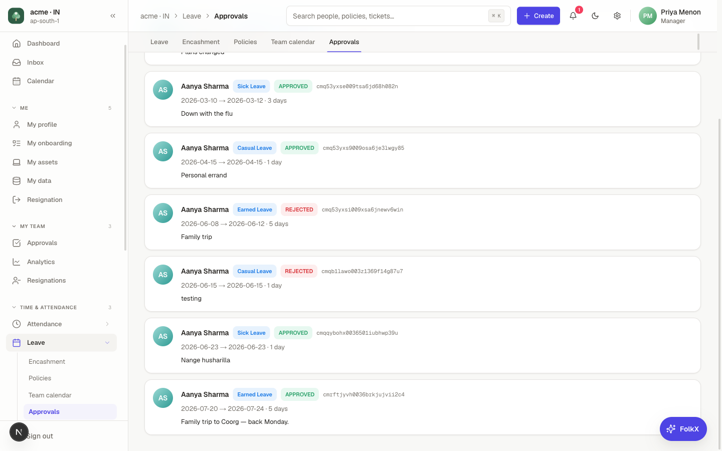 A real leave request applied and approved end-to-end during capture